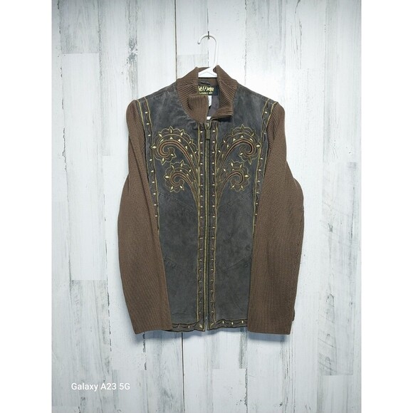 Bob Mackie Western Leather Jacket Women's S Brown Embroidered Artsy Knit Zip - Picture 1 of 6